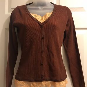 August Silk brand v lace & trim cardigan look top
